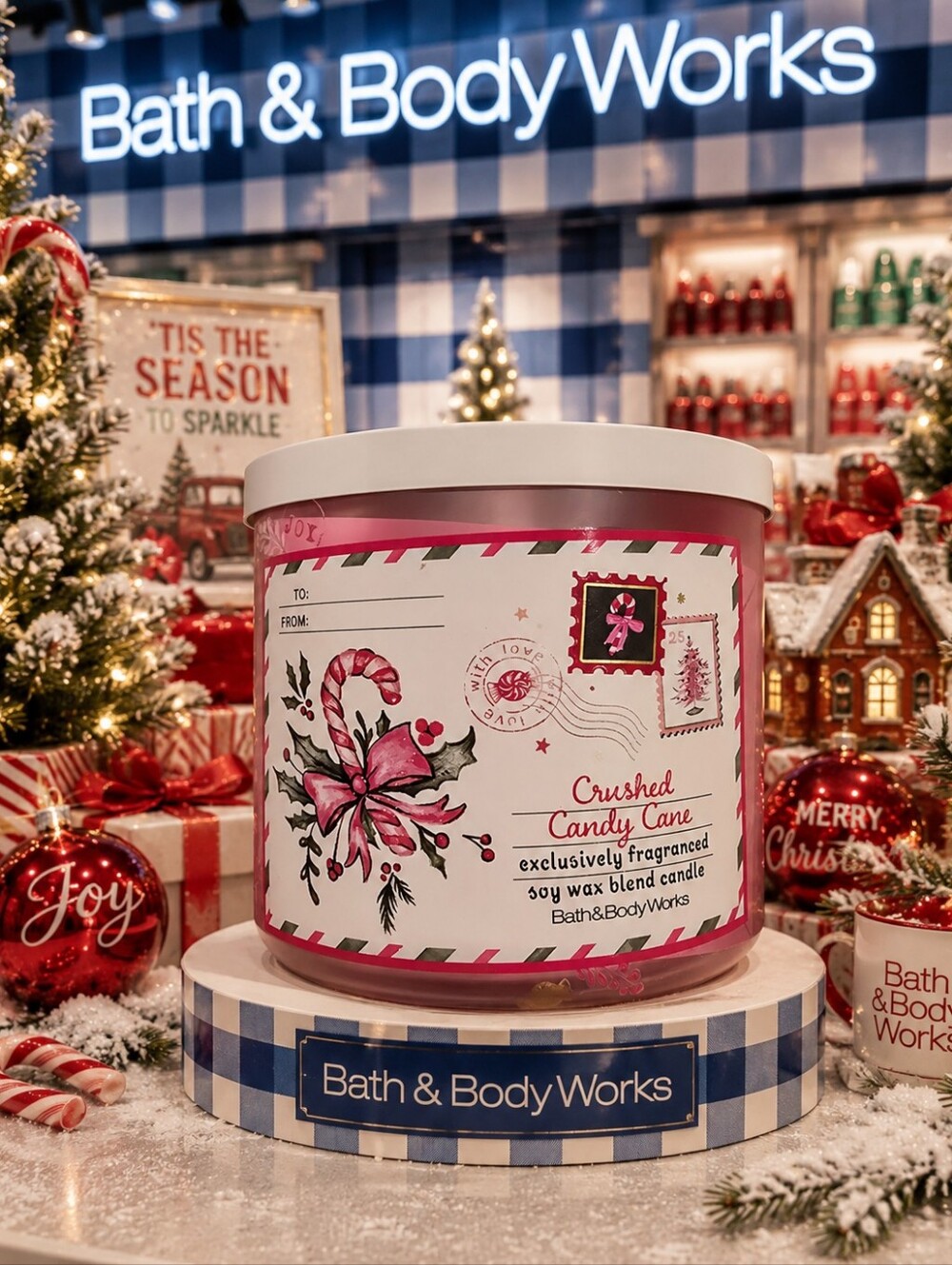 Bath & Body Works Crushed Candy Cane Holiday Candle - Red / White / Pink